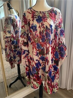 Shoreline Floral Eyelet Tie-Front Beach Swim Poncho Coverup Top, small medium